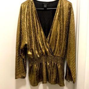 Ashley Stewart Shimmering Gold Deep V Neck Blouse